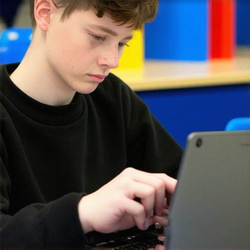 Student working with Chromebook and laptop in study room.