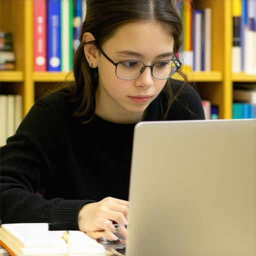 Student Using Budget Laptop in Library A student working on a budget laptop in a library setting, surrounded by study materials.