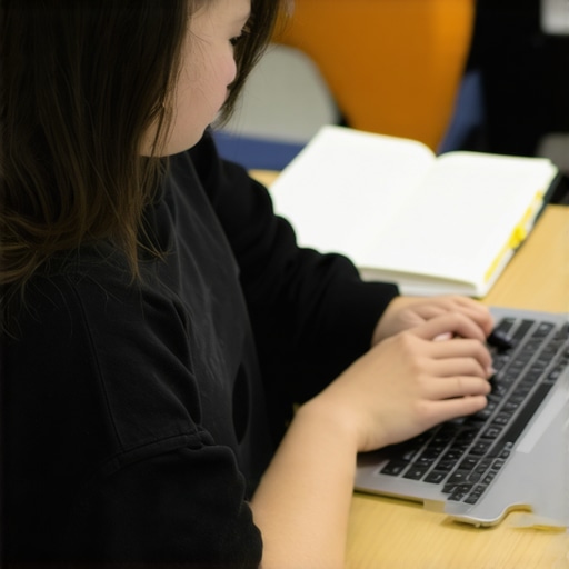 Student working on a Chromebook in a bright, modern study space