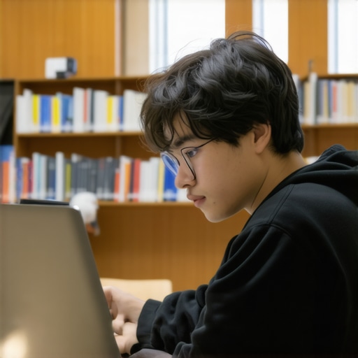 Student using a portable laptop in a library Student working on a sleek, portable laptop in a university library.