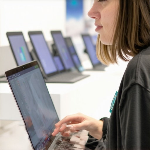 Student comparing affordable laptops for school in a tech shop