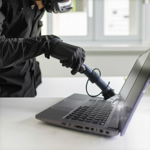 Person cleaning dust from a laptop with compressed air in a bright workspace.