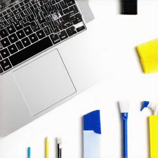 A student cleaning and maintaining their laptop with software on screen