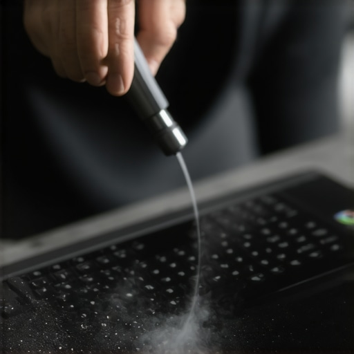 Person cleaning a laptop with compressed air to remove dust from vents and keyboard, close-up shot