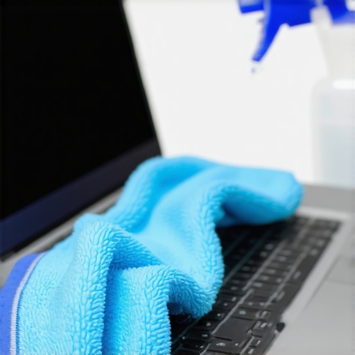 Person cleaning a student laptop with microfiber cloth and alcohol spray.