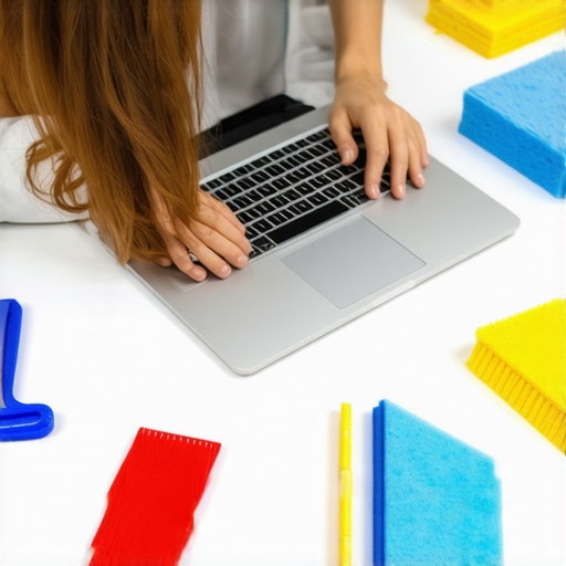 Student performing laptop maintenance with cleaning tools and software icons.