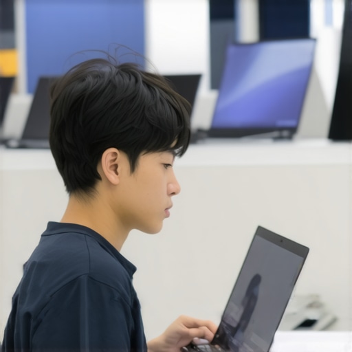 Student examining different budget laptops in a store, focusing on price and specs