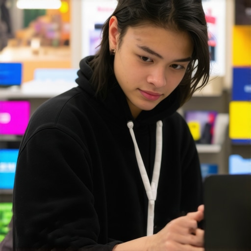A student examining different affordable laptops in a store, comparing specs and prices.