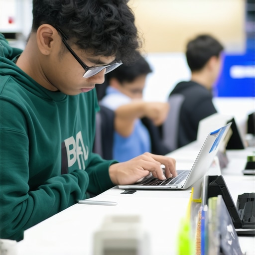 A student analyzing different affordable laptops in a store to make an informed choice.