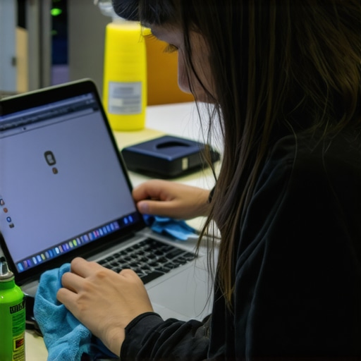 A student cleaning their laptop with a microfiber cloth and compressed air to keep it running smoothly.