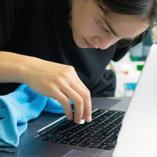 Student cleaning laptop with cloth to maintain performance