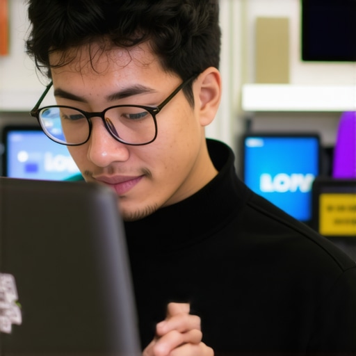 Student comparing different budget laptops in a store