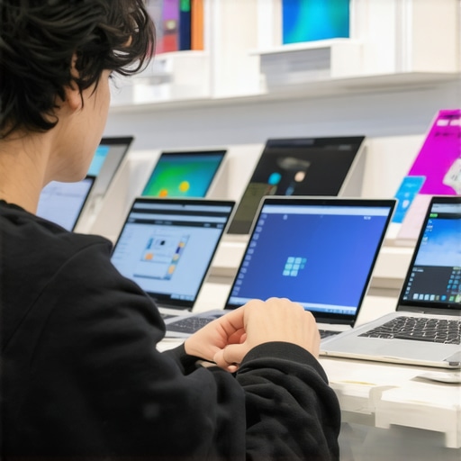Student shopping for laptops A student comparing different laptops in a store, considering specs and prices.