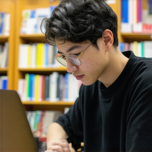 Student using affordable laptop in library setting