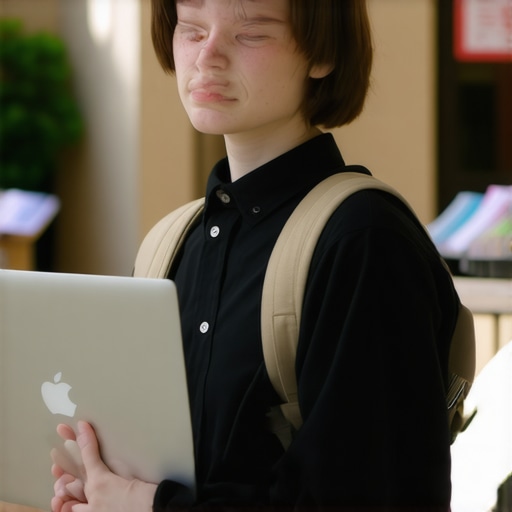A student walking on campus with a small, portable laptop.