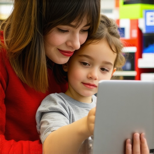 Parent and child examining budget laptops in a store showing options and features