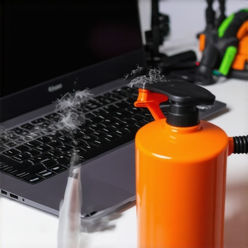 Cleaning a Chromebook for Longevity Person using compressed air to clean a Chromebook keyboard, highlighting maintenance