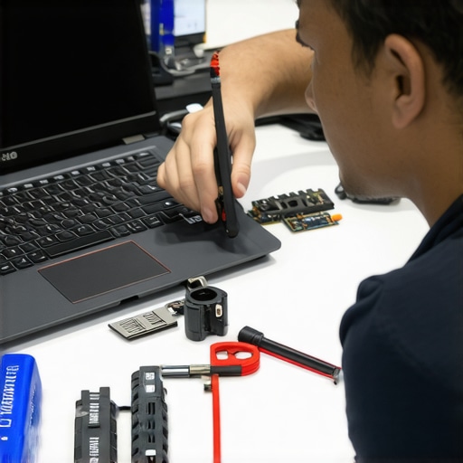 Student upgrading notebook hardware with tools at a desk