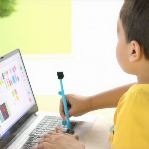 A parent cleaning and maintaining a child's homework laptop with cleaning tools and software on screen