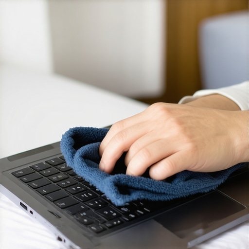 Laptop Maintenance in Action Person cleaning a laptop screen with a microfiber cloth to demonstrate maintenance.