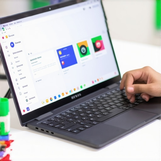 A student organizing apps on a new Chromebook in a classroom setting.