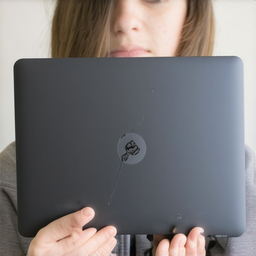 Student holding a worn-out budget Chromebook with visible scratches and heat vents, illustrating device durability challenges