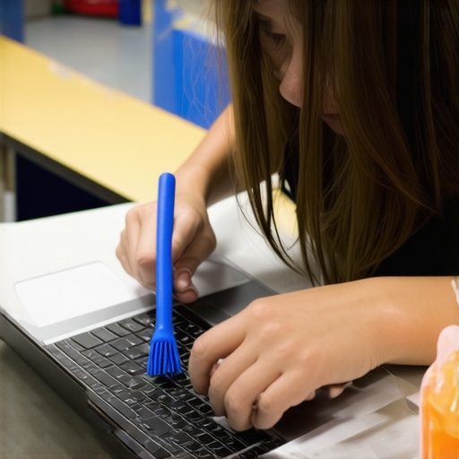 Student cleaning laptop with compressed air and tools, highlighting device upkeep.