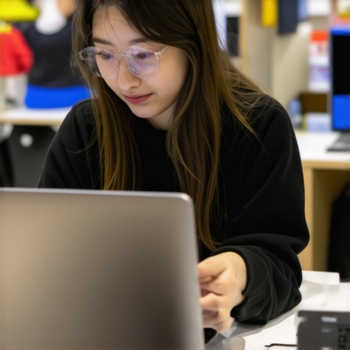 A student comparing multiple budget laptops in a tech store, analyzing specs and reviews.