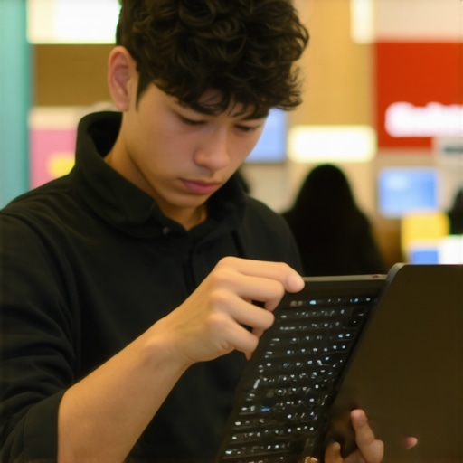 A student seated at a table in a tech store, evaluating various affordable laptops with specifications and price tags.