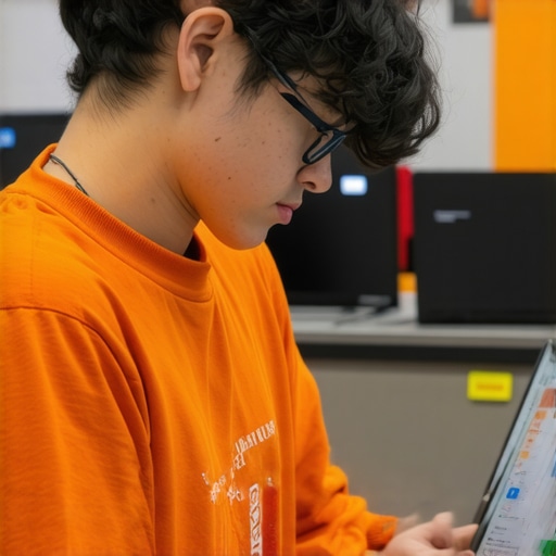 A student examining multiple laptops in a store, making a decision based on specs and price.