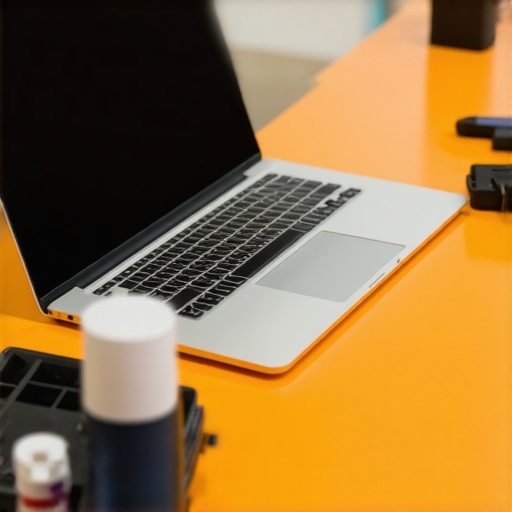 Student laptop maintenance tools and setup Close-up of a student laptop with diagnostic software on screen and cleaning tools nearby