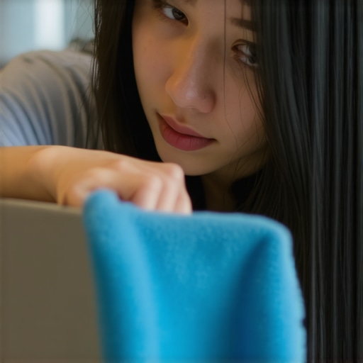A student gently cleaning their laptop with a soft cloth, emphasizing regular maintenance.