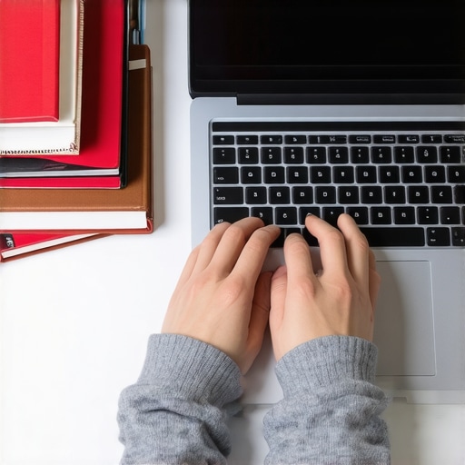 Person working on a budget laptop with textbooks and stationery